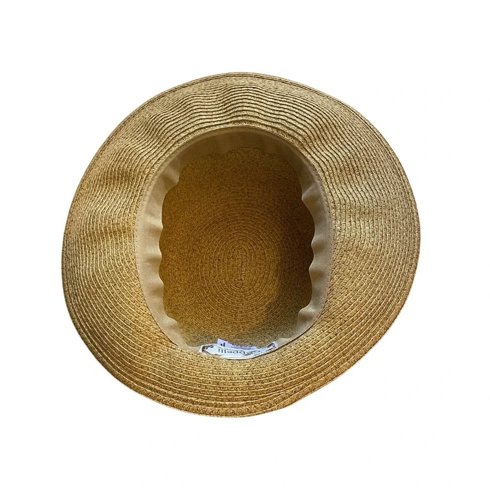 Cappelli Straworld Tan Straw Wide Brim Sun Hat Navy Blue Ribbon Bow One Size